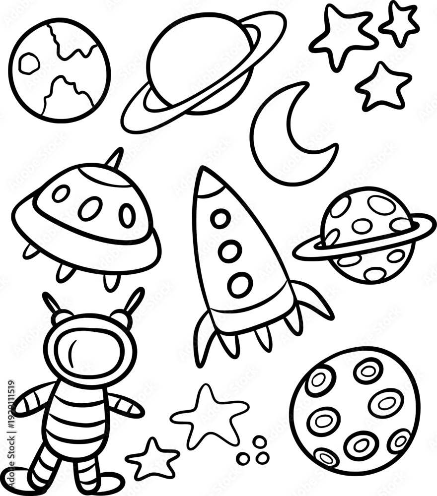 Fototapeta premium Space doodles set cute hand drawn illustrations
