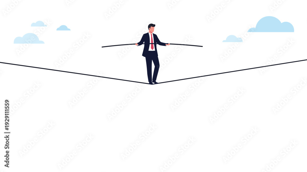 Fototapeta premium Businessman in a suit carefully balancing and walking across a thin tightrope in the clear blue sky, symbolizing high risk and business challenges.