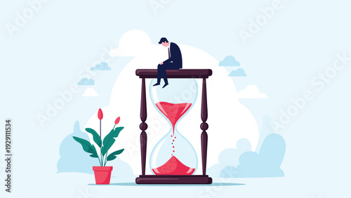 Sad businessman sitting on top of a giant hourglass while sand flows down, representing running out of time and missed opportunities.