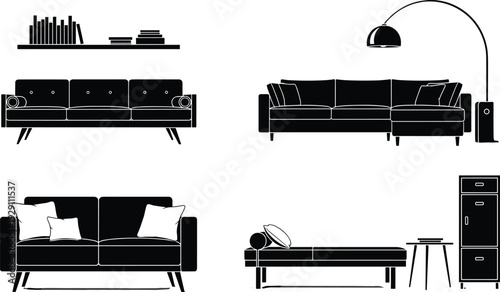 Modern living room furniture silhouette set, sofa couch shelf lamp cabinet interior design vector illustration collection artworkModern living room furniture silhouette set, 