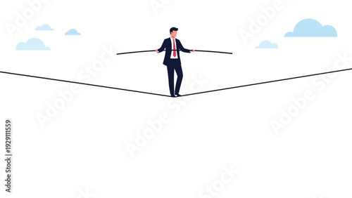 Businessman in a suit carefully balancing and walking across a thin tightrope in the clear blue sky, symbolizing high risk and business challenges.