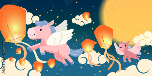 Cute pink pegasus with flying lanterns under full moon for Lantern Festival illustration.