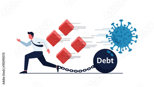 Businessman running away from a large virus molecule while a heavy black ball labeled debt is chained to his leg, showing financial and health struggles.