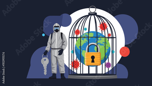 Person in a full white hazmat suit holding a large key next to the planet Earth locked in a birdcage with virus molecules, symbolizing global lockdown.