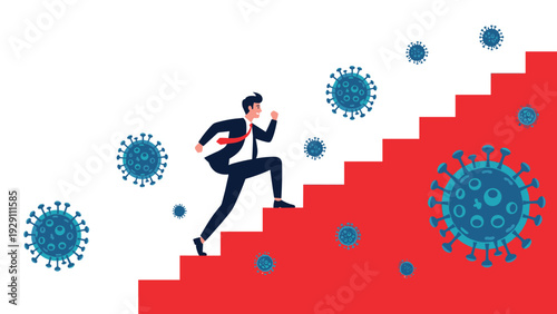 Businessman in a suit running up a set of red stairs while blue virus molecules float in the air, representing career growth during a pandemic.