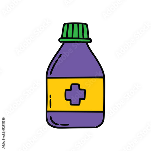 Purple Medicine Bottle with Green Cap, Medical, Medic, Vector, Doodle Illustration
