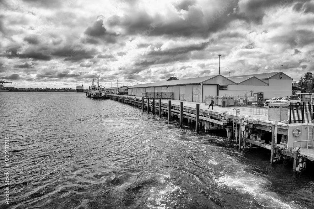 Obraz premium View of Perth harbor Australia from ferry to Rottnest Island showing city skyline and boats