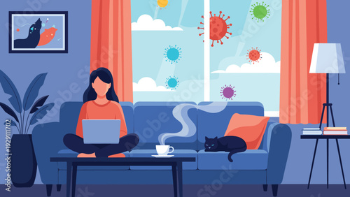 Woman sitting on a blue sofa and working on her laptop at home while colorful virus molecules float outside the window, depicting remote work.