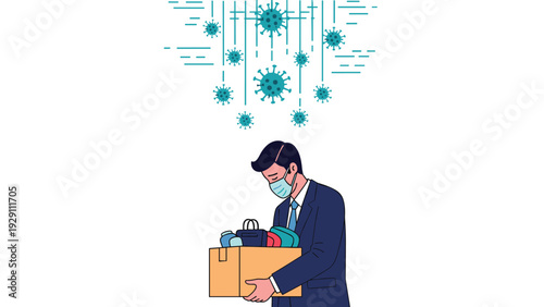 Sad businessman wearing a mask and holding a cardboard box of office belongings while looking down at several virus molecules, symbolizing job loss.