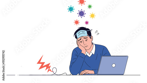 Tired and sick businessman sitting at his laptop with a medical mask on his forehead as colorful virus molecules float above his head.