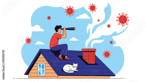 Young man sitting on the roof of his house and using a telescope to look at red virus molecules floating in the blue sky with clouds.