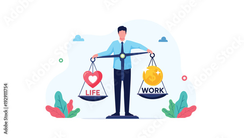 Businessman standing behind a large scale balancing a red heart representing life and a gold coin representing work, symbolizing work life balance.