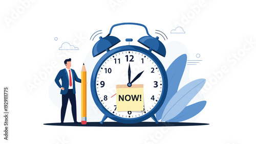 Businessman in a suit standing next to a giant alarm clock with a yellow sticky note that says now, emphasizing the importance of immediate action.