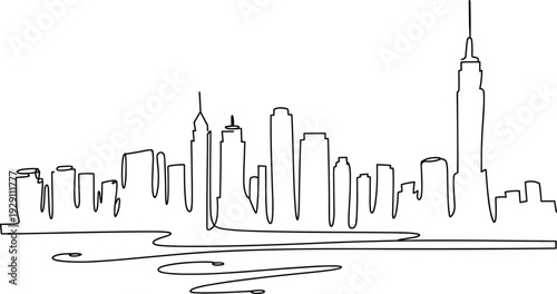 Black and white line of a city skyline with a river at the bottom line black and white buildings reflection