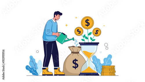 Businessman watering golden dollar coin plants growing from a large hourglass next to a full bag of money to illustrate long-term financial growth.