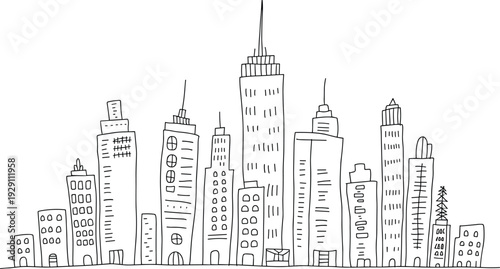 Black and white line of various skyscrapers and buildings in a cityscape line skyscrapers