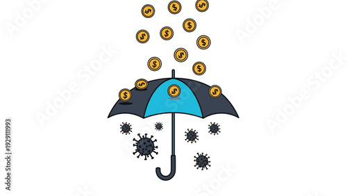 Large blue and black umbrella shielding golden dollar coins falling from above while viruses are kept underneath to symbolize financial protection.