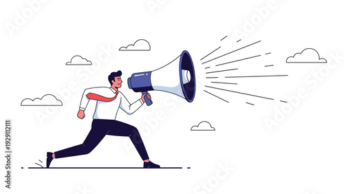 Professional businessman running forward while holding a massive blue and white megaphone to make an important announcement or marketing pitch.