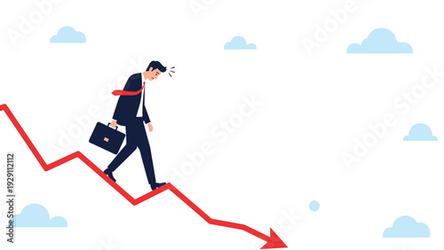 Depressed businessman carrying a briefcase walking down a sharp red declining arrow graph symbolizing financial loss or a failing career path.