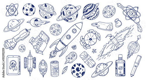 Whimsical Hand Drawn Space Exploration Elements Collection Featuring Rockets Planets Stars and Astronauts in a Sketchy Style