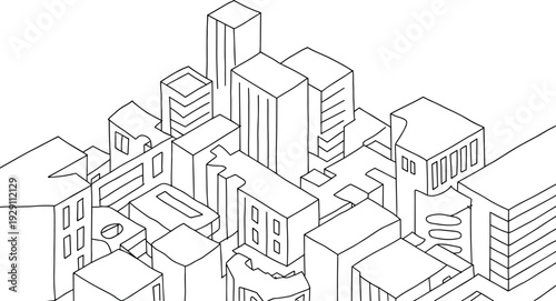 Isometric line of a densely packed cityscape with various buildings and architectural structures line cityscape