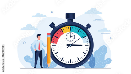 Businessman in a shirt and tie standing next to a giant stopwatch while holding a large yellow pencil to represent timing and task planning.