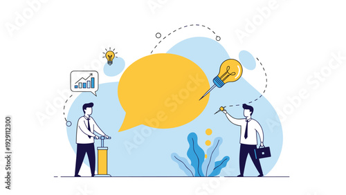 Two men in business attire where one is inflating a giant yellow speech bubble with a pump while the other is about to pop it with a needle.