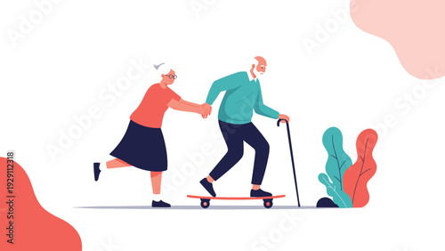Active senior couple having fun where an elderly woman pushes an elderly man on a skateboard while he holds a walking cane for balance.