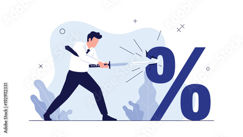 Strong businessman in a suit using a katana sword to slice through a giant blue percent symbol to represent cutting interest rates or costs.