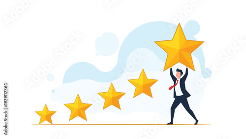 Businessman in a suit placing a large golden star at the top of a rising arc of smaller stars to represent a high level of success or rating.