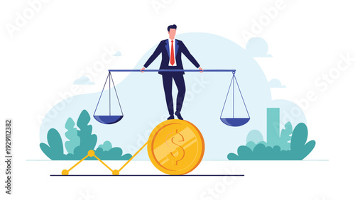 Professional businessman balancing himself on a giant gold coin while holding a horizontal scale with two empty pans representing stability.