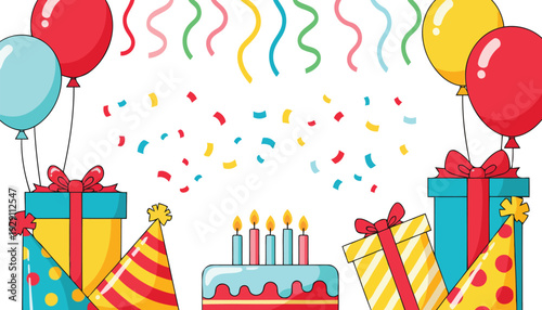 Colorful party background border with gift boxes balloons and cake