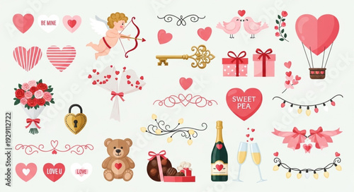 Valentines Day themed collection of romantic hearts, gifts, and cupid illustrations.