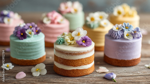 A beautifully decorated assortment of mini cakes with colorful frosting and edible flowers on top