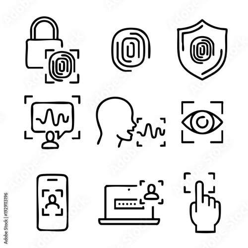 This image features a collection of security icons that represent various aspects of digital protection and safety online. The icons include a padlock, fingerprint, shield, bio metric authentication