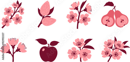 Collection of stylized fruit blossoms and fruits, including cherry, apple, and pear