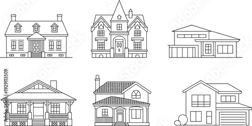 Seven different types of houses with various architectural styles and in a line residential buildings