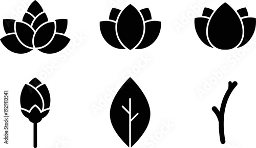 Collection of stylized black lotus flowers, bud, leaf, and branch icons on white background
