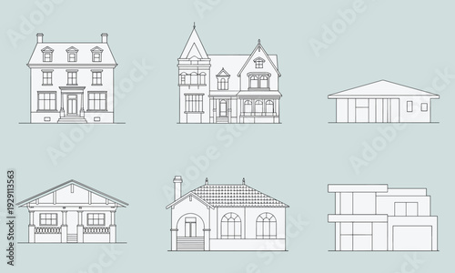 Six different house in a minimalist line style on a light blue background line light blue architectural