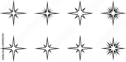 Collection of eight stylized starburst and sparkle icons on a white background