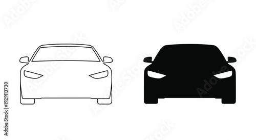 Front view of a modern car design presented in black and white line art and