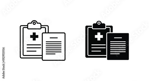 Medical clipboard icons with plus symbol and document pages a clean silhouette design