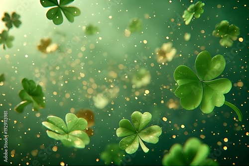 Glossy St. Patrick's Day banner with realistic 3D shamrocks and gold glitter bursts.