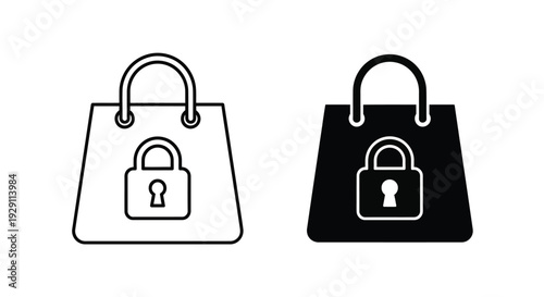 Two shopping bags with lock icons black and white contrast simple silhouette design