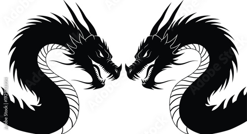 Twin dragon silhouette illustration, mirrored oriental mythical creature black and white vector tattoo style design artwork