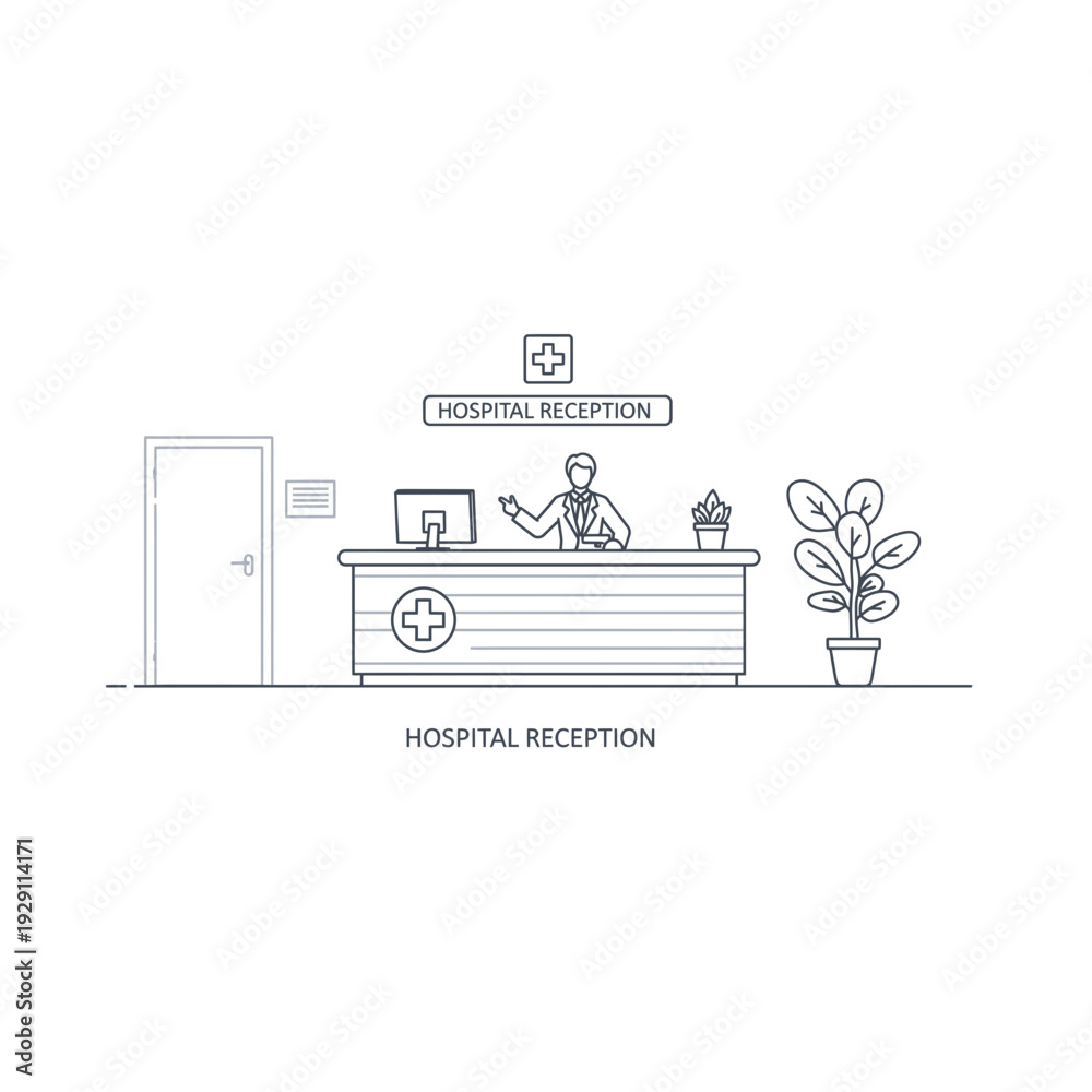 Naklejka premium Hospital Receptionist Waving Behind Desk with Computer and Plant