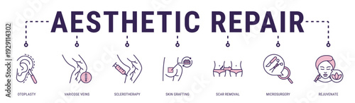 Aesthetic Repair web banner icon vector illustration featuring Otoplasty, Varicose Veins, Sclerotherapy, Skin Grafting, Scar Removal and Microsurgery