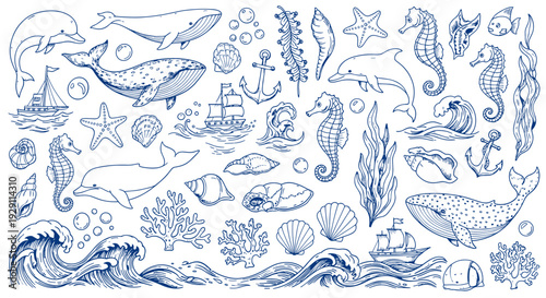Whimsical Hand Drawn Nautical Elements Collection Featuring Whales Dolphins Seahorses Ships Anchors Seashells and Waves in Blue Ink