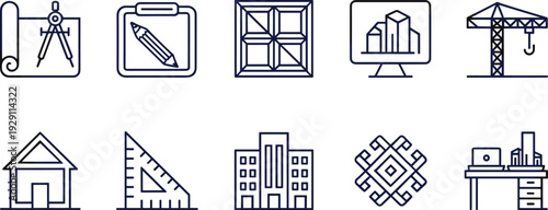 Various representing architecture and construction tools and concepts in a minimalist line style line minimalist