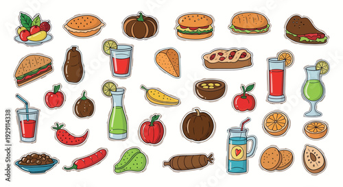 A diverse collection of fresh fruits, vegetables, baked goods, sandwiches, and refreshing beverages for menu designs, healthy eating campaigns, or culinary blog features